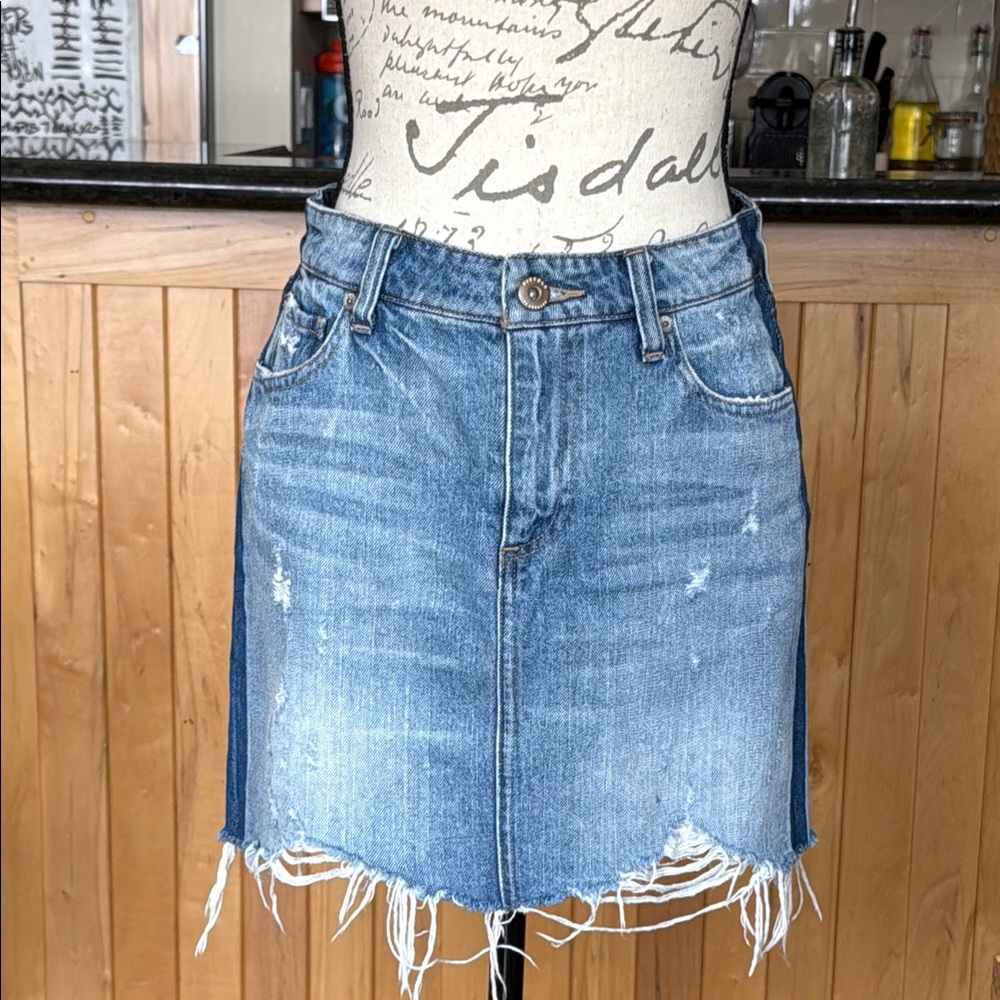 PISTOLA by Anthropologie, Distressed Cut Off Denim Mini Skirt, Size 26.